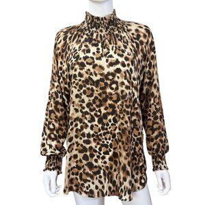 Chicos Womens Animal Print Smocked Neck Long Sleeve Top Size 1 Polyester Brown